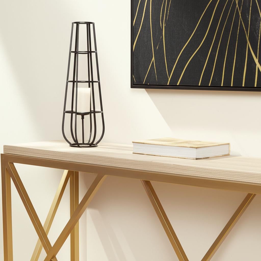 609327 40 in. Black Distressed Geometric Metal Lantern Candle Holder