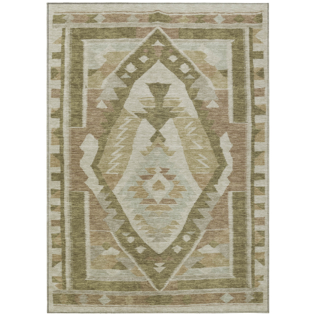 625797 10 x 14 ft. Linen Ivory & Brown Tribal Washable Transitional Indoor & Outdoor Rectangle Area Rug