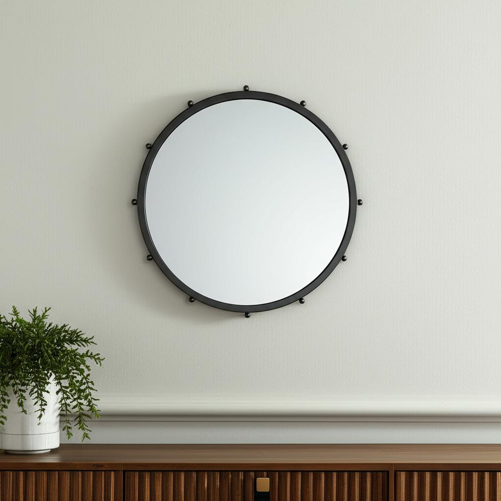 607270 25 in. Black Metal Beaded Round Framed Accent Mirror