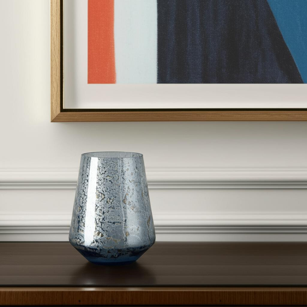 608286 9 in. Blue Round Seeded Glass Table Vase