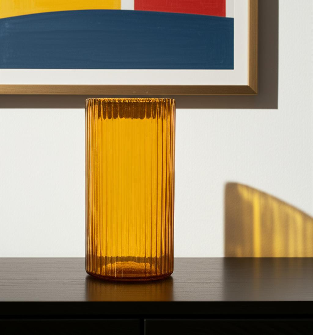 608314 11 in. Amber Glass Ribbed Cylinder Table Vase