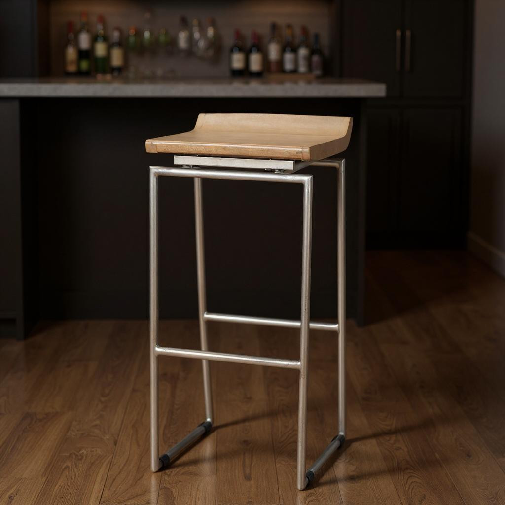 605923 32 x 15.50 x 14 in. Natural & Silver Solid Wood & Iron Low Back Height Bar Chair