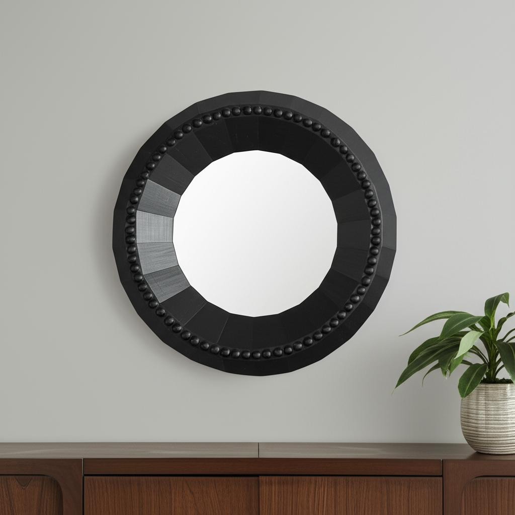 607304 30 in. Black Solid Wood Faceted & Beaded Round Framed Accent Mirror