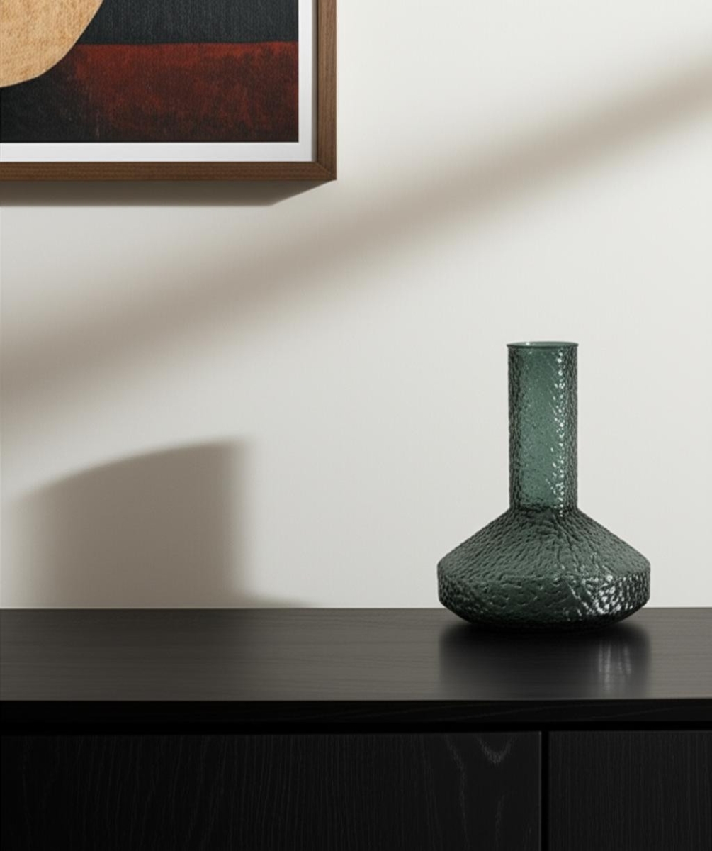 608316 12 in. Green Faceted Glass Table Vase