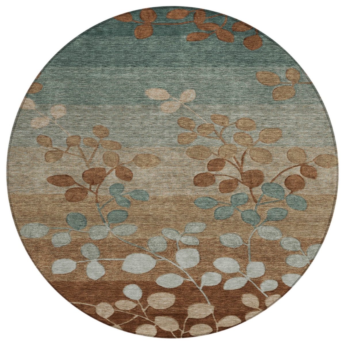 625189 8 ft. Brown & Teal Blue Floral Washable Transitional Indoor & Outdoor Round Area Rug