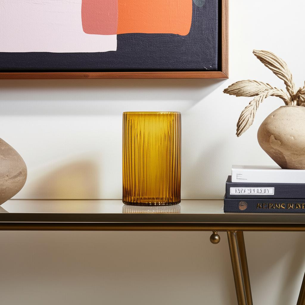 608313 8 in. Amber Cylinder Ribbed Glass Table Vase