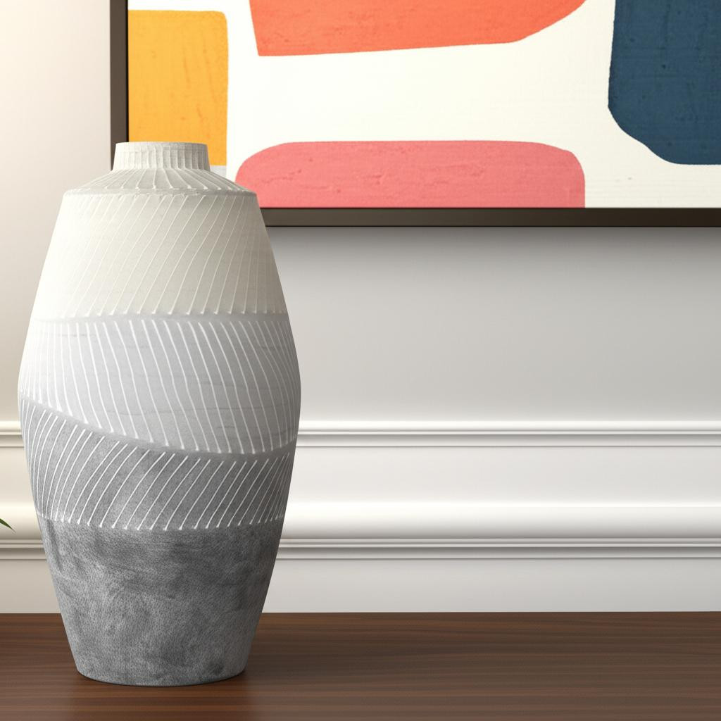 608291 17 in. Cream & Gray Geometric Ceramic Table Vase