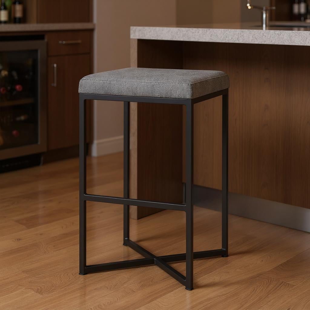 605926 30 in. Fabric & Iron Backless Bar Height Bar Chair, Gray & Black