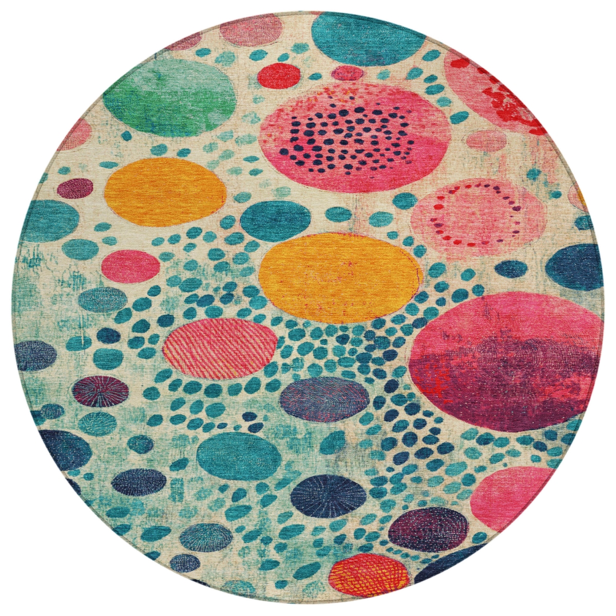 624973 8 ft. Teal Blue Pink & Orange Geometric Washable Transitional Indoor & Outdoor Round Area Rug