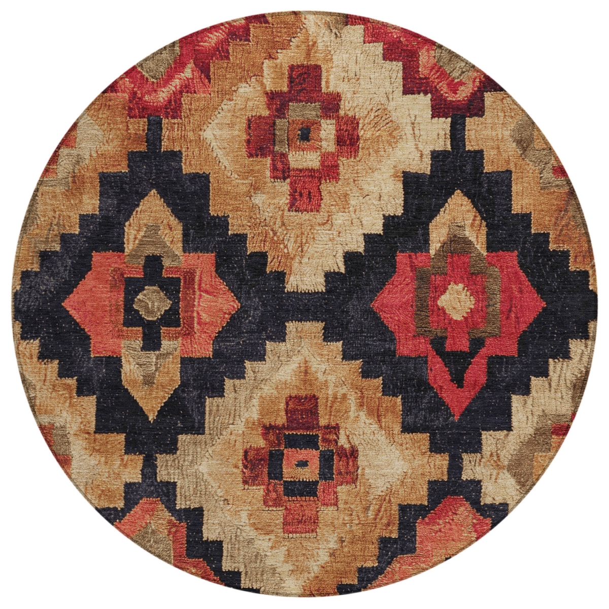 624925 8 ft. Rust & Charcoal Aztec Washable Transitional Indoor & Outdoor Round Area Rug