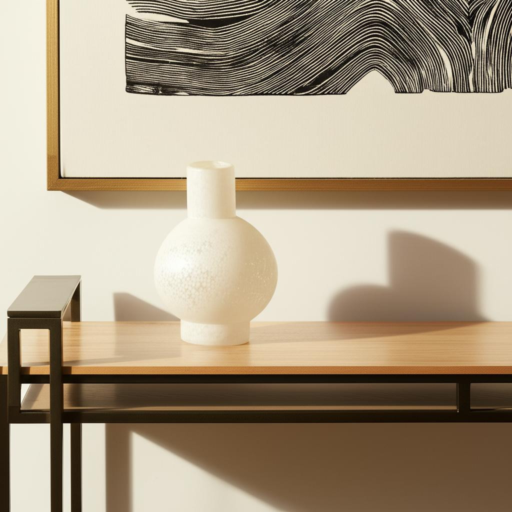 608281 9 in. White Mottled Handblown Glass Table Vase