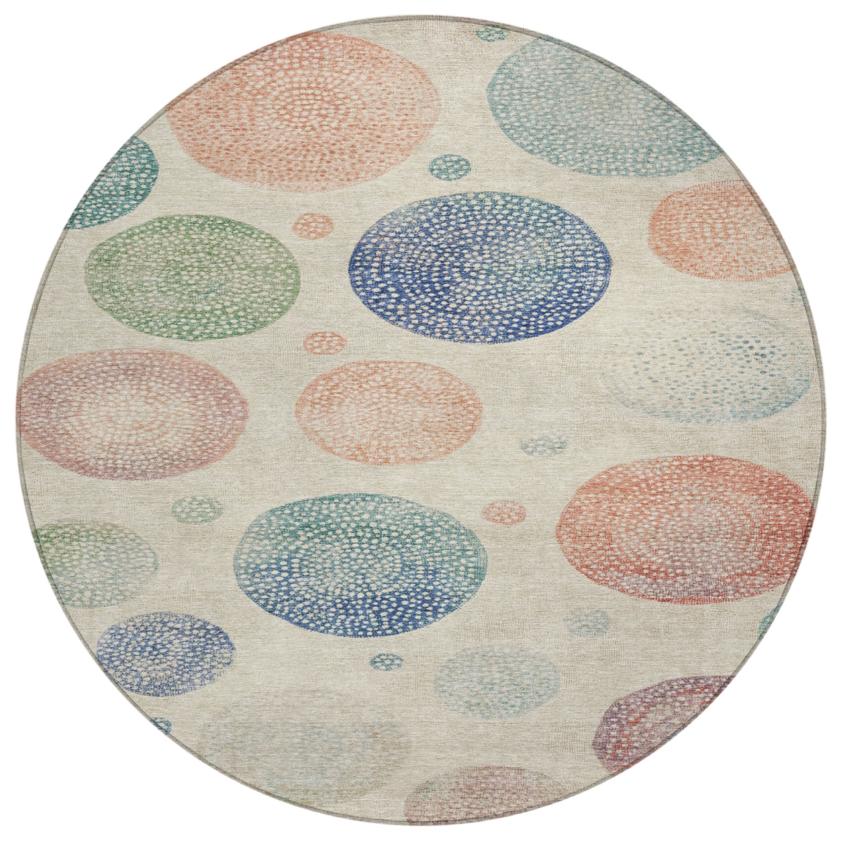 625063 8 ft. Ivory & Peach Geometric Washable Transitional Indoor & Outdoor Round Area Rug