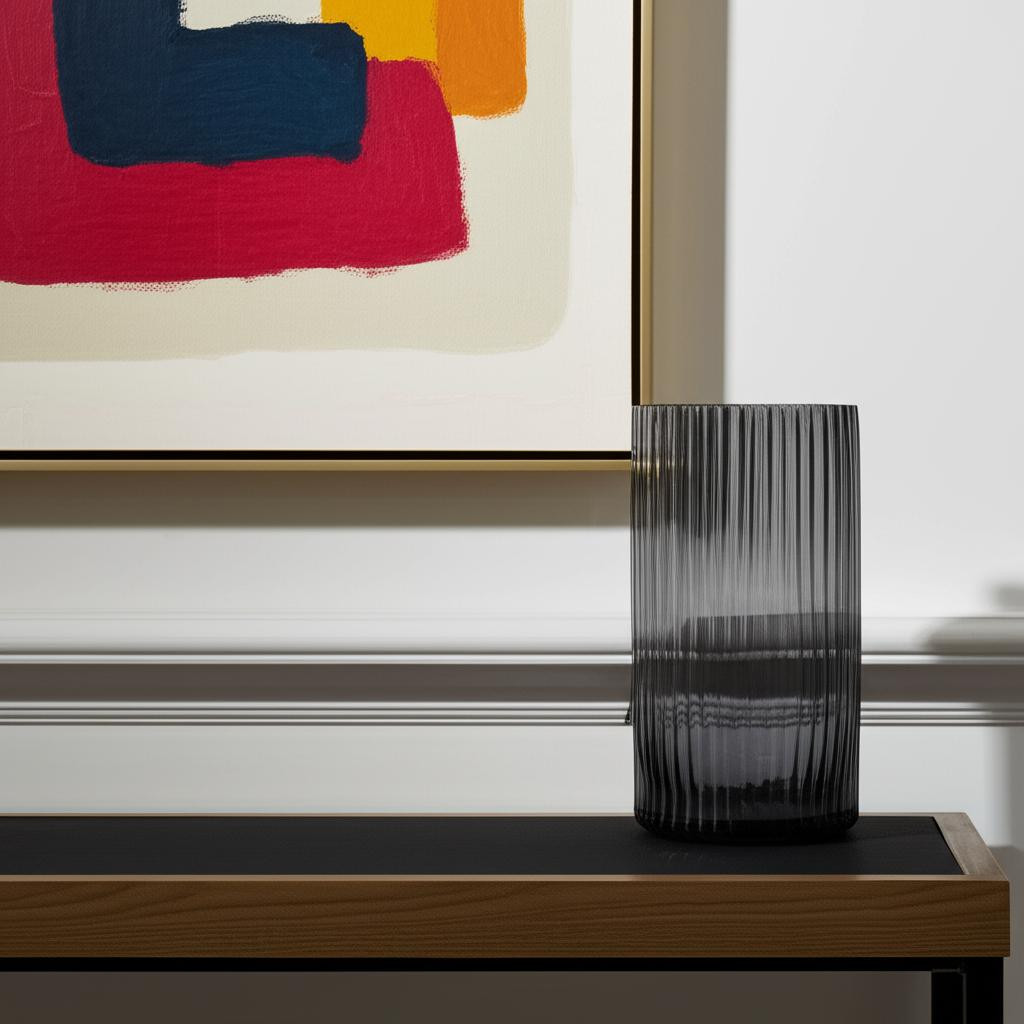 608312 11 in. Black Cylinder Ribbed Glass Table Vase