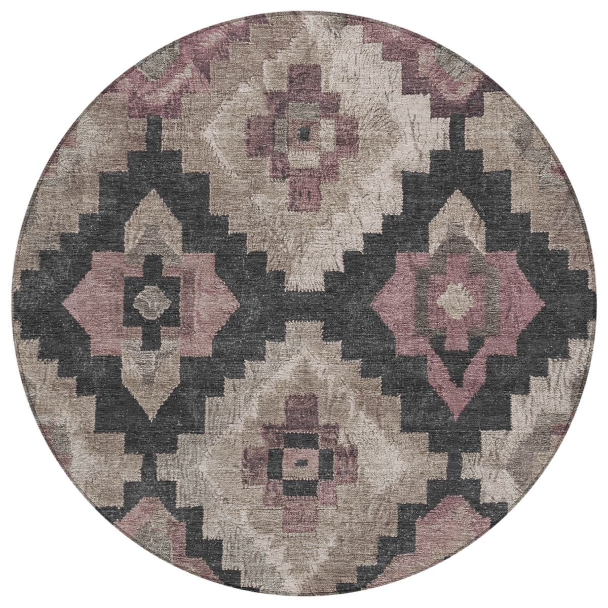 624937 8 ft. Taupe & Charcoal Aztec Washable Transitional Indoor & Outdoor Round Area Rug