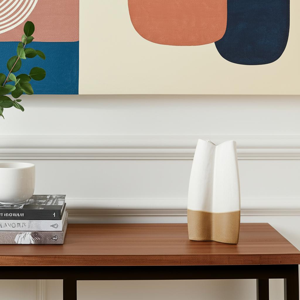608336 14 in. Cream & Beige Color Block Ceramic Table Vase
