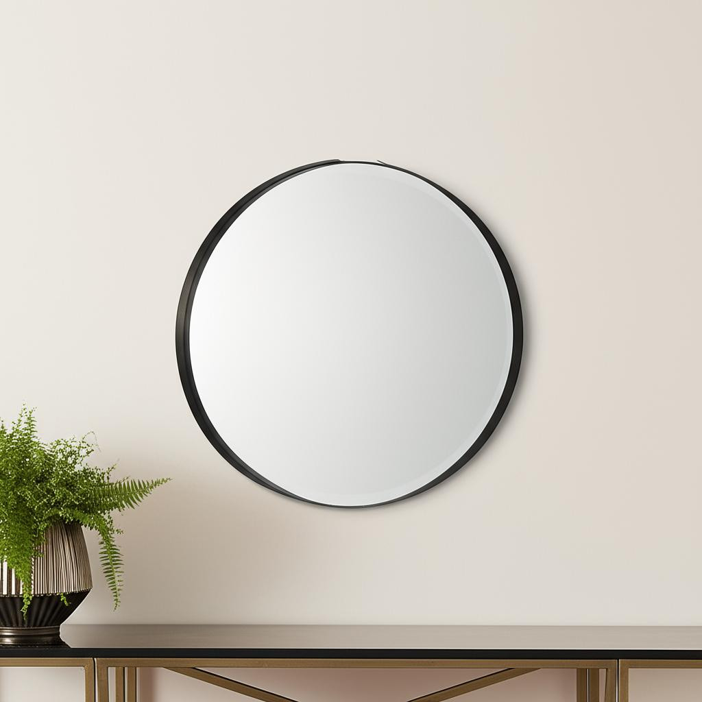 607280 24 in. Black Metal Round Framed Accent Mirror