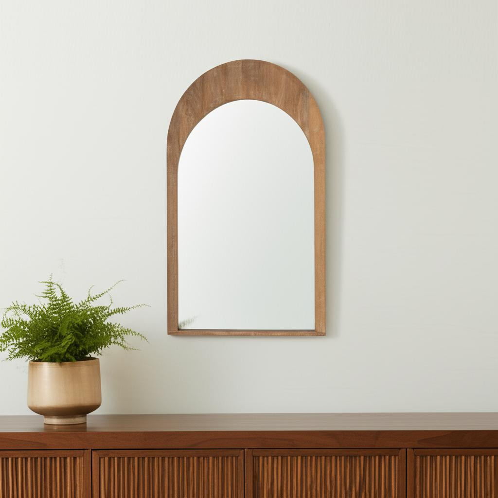 607302 48 in. Light Brown Solid Wood Arch Framed Accent Mirror