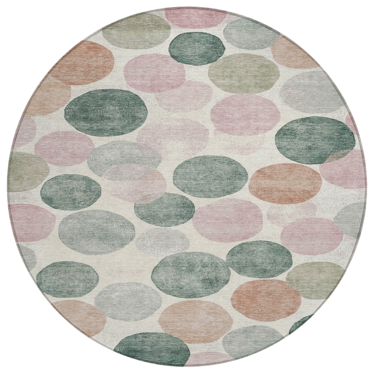 625111 8 ft. Salmon Green & Peach Geometric Washable Transitional Indoor & Outdoor Round Area Rug