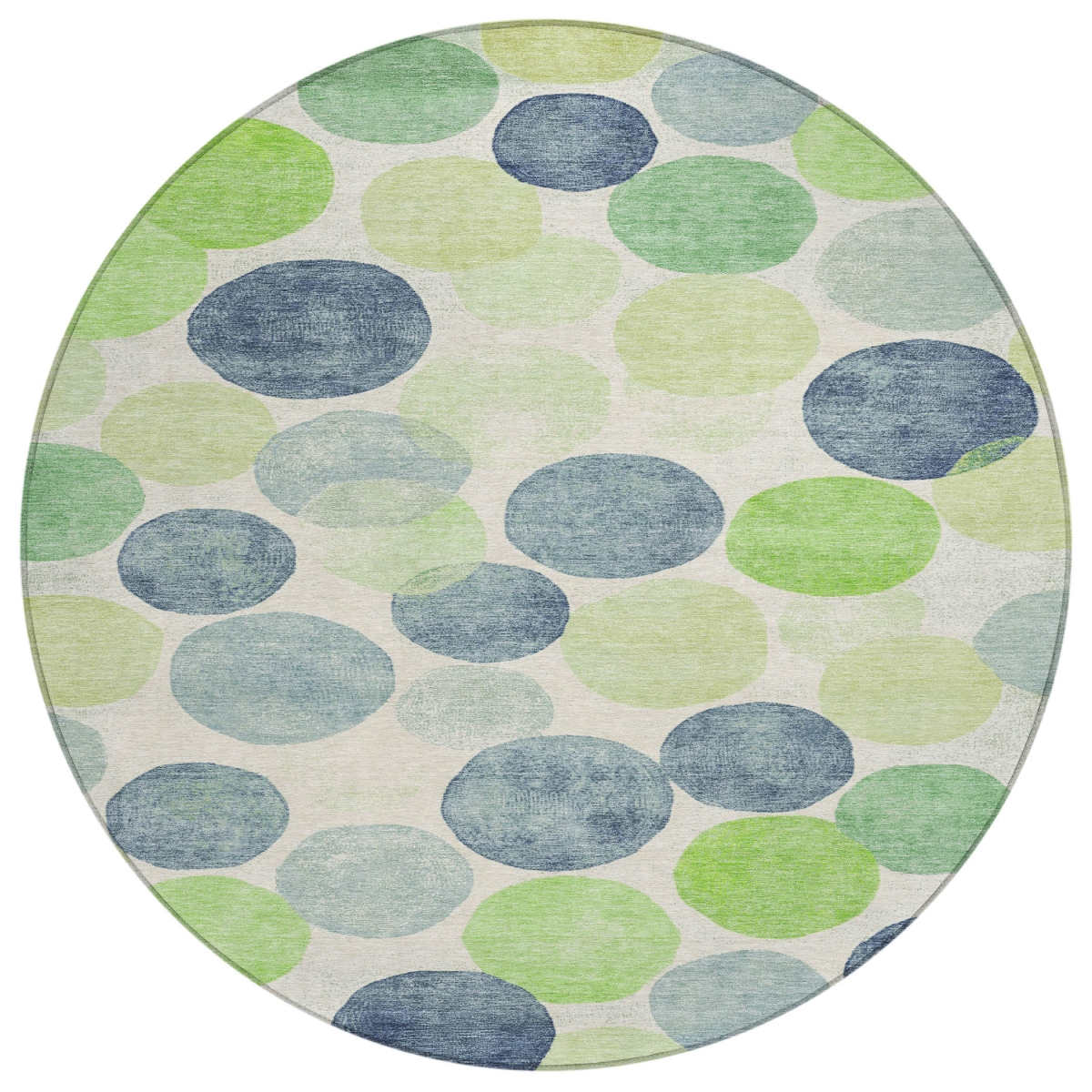625087 8 ft. Navy Blue Lime Green & Ivory Geometric Washable Transitional Indoor & Outdoor Round Area Rug