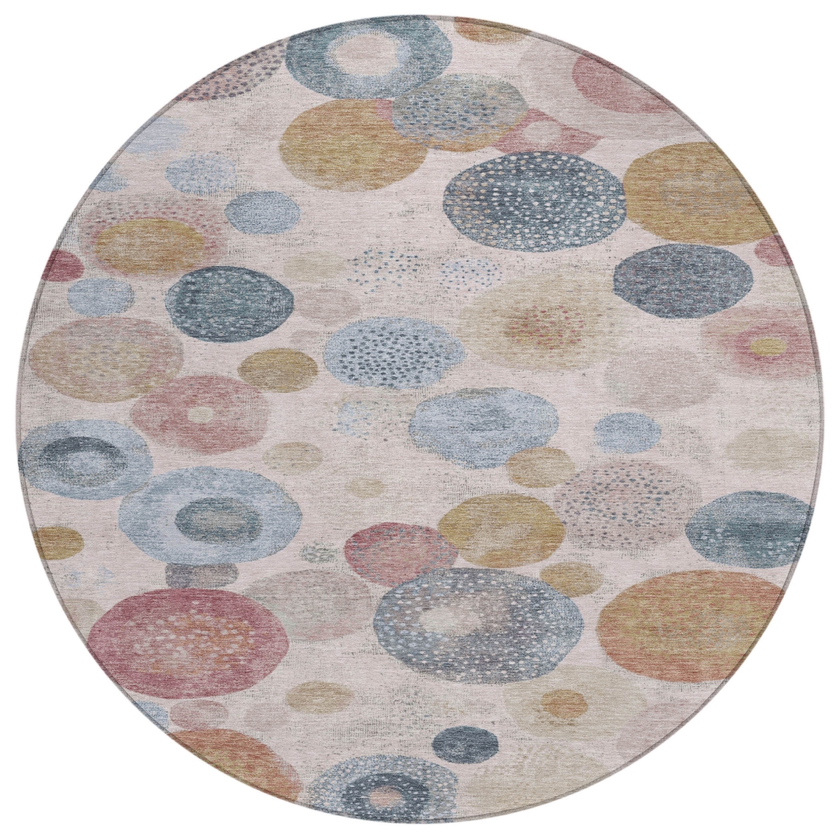 624985 8 ft. Blush Blue & Taupe Geometric Washable Transitional Indoor & Outdoor Round Area Rug