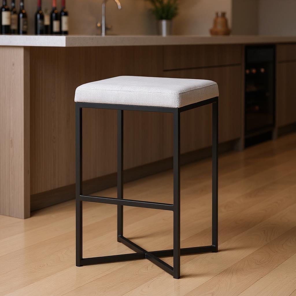 605917 30 in. White & Black Iron & Fabric Backless Bar Height Bar Chair