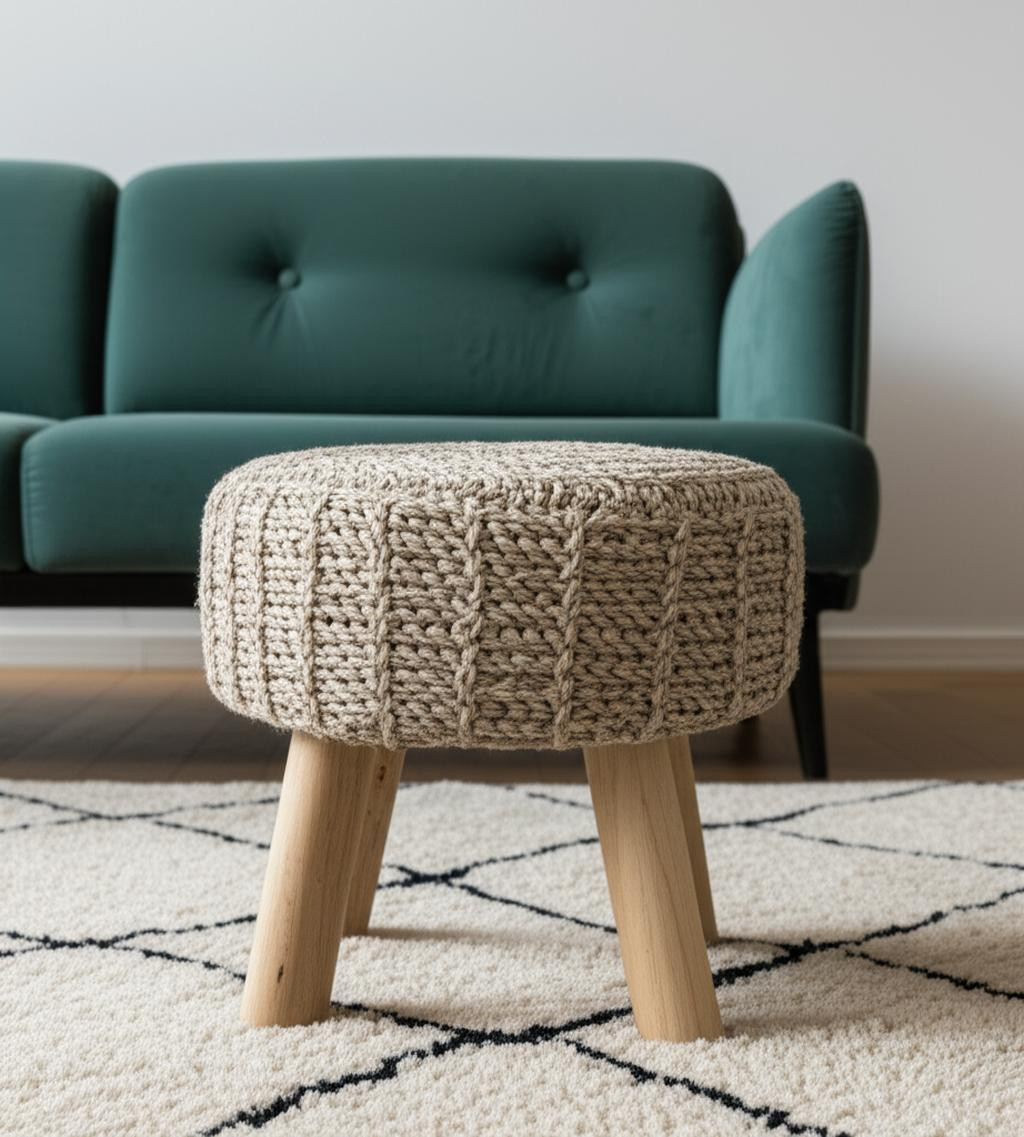606712 15 x 19 x 19 in. Taupe & Brown Wool Round Footstool