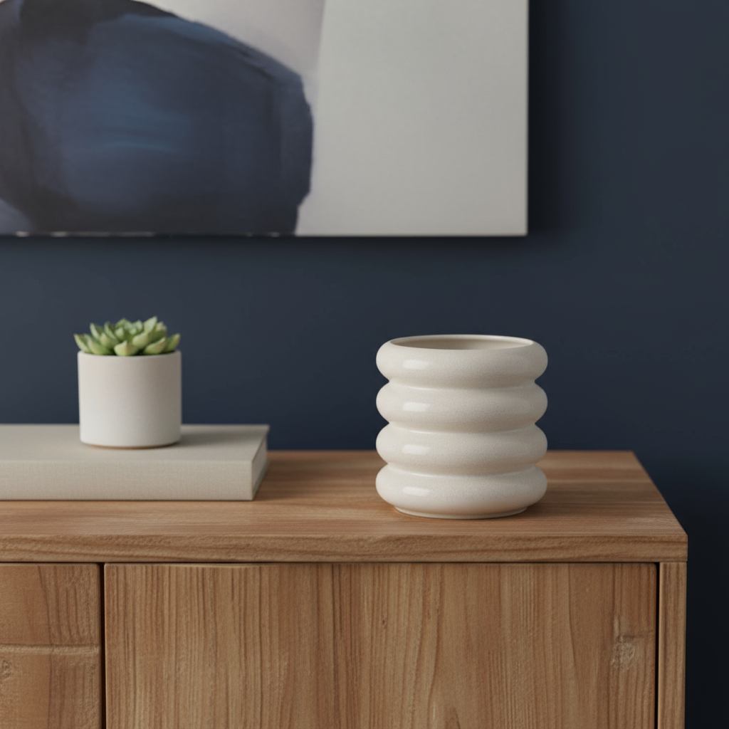 608374 7 in. Cream Cylinder Rings Ceramic Table Vase