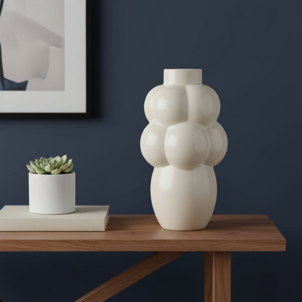 608373 14 in. Cream Ceramic Bulbous Table Vase
