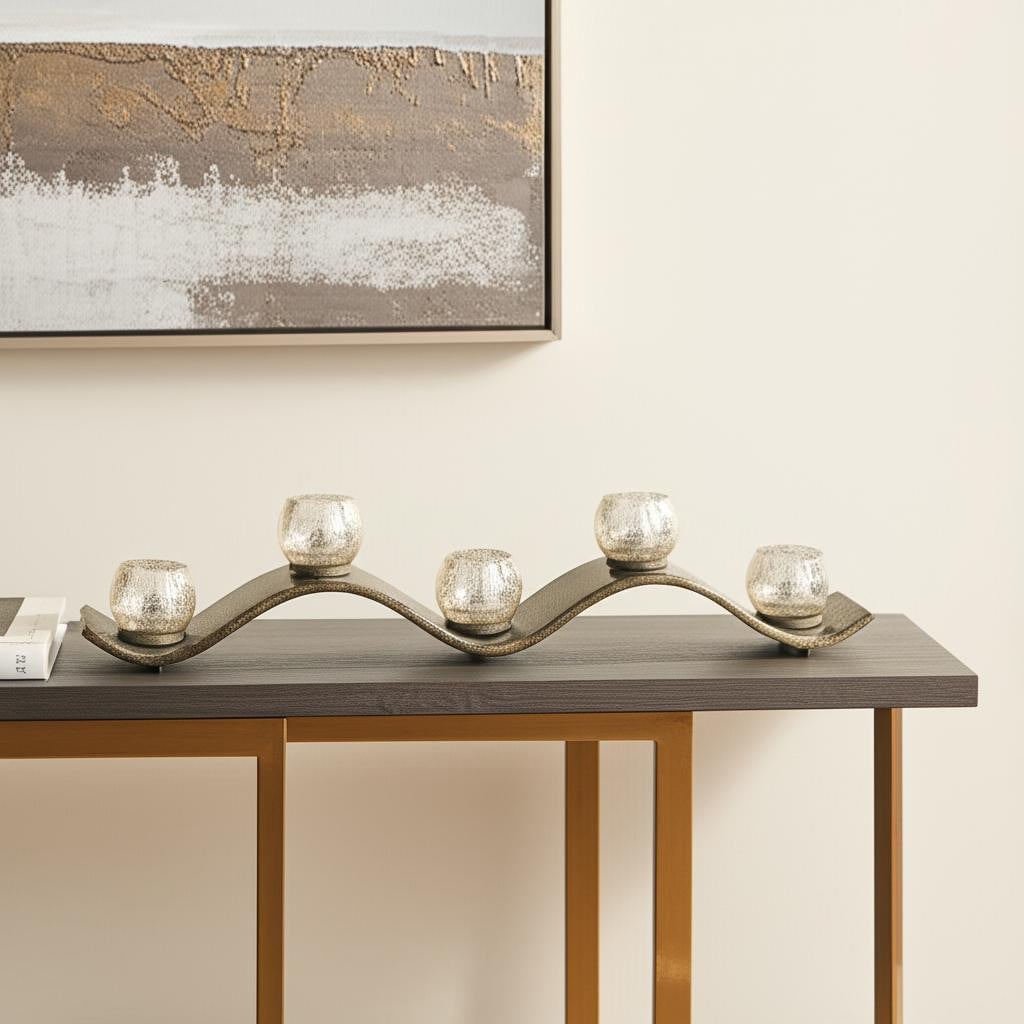 608376 7 in. Silver Distressed Abstract Metal & Glass Tabletop Hurricane Candle Holder