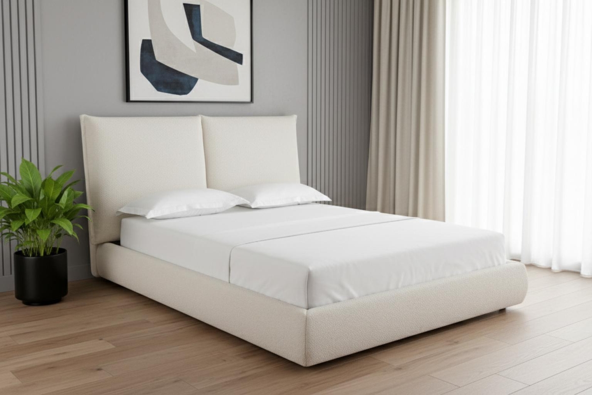 606424 43 x 72 x 92 in. Beige Tufted Linen Blend Queen Size Bed Frame