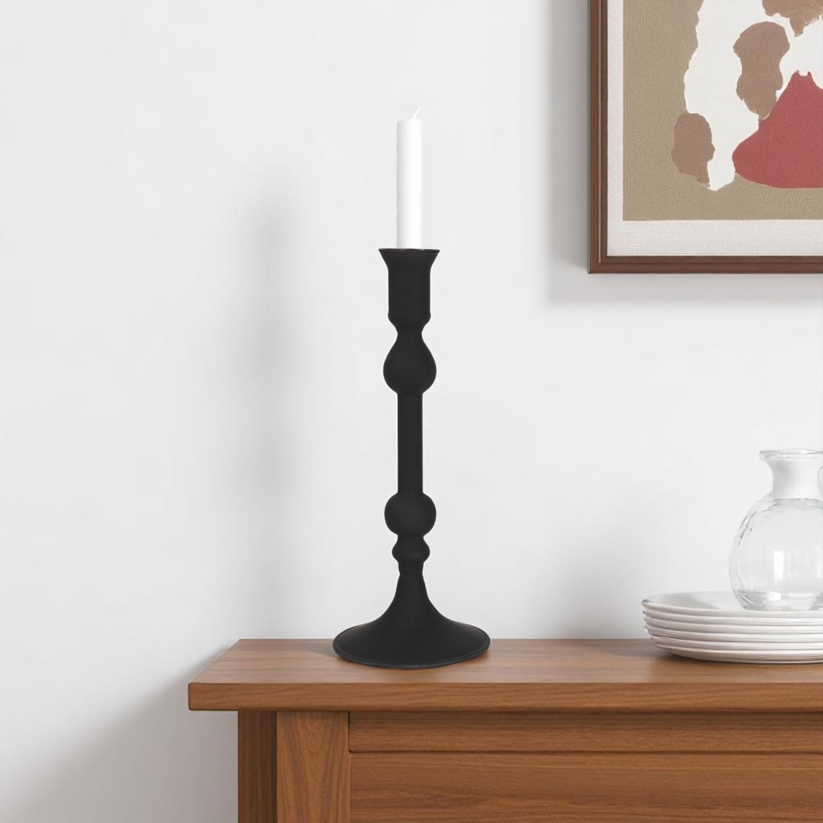 608416 10 in. Black Glass Tabletop Taper Candlestick