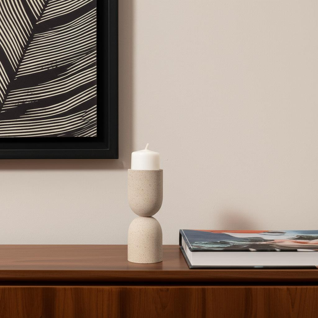608425 9 in. Beige Metal Tabletop Pillar Candle Holder