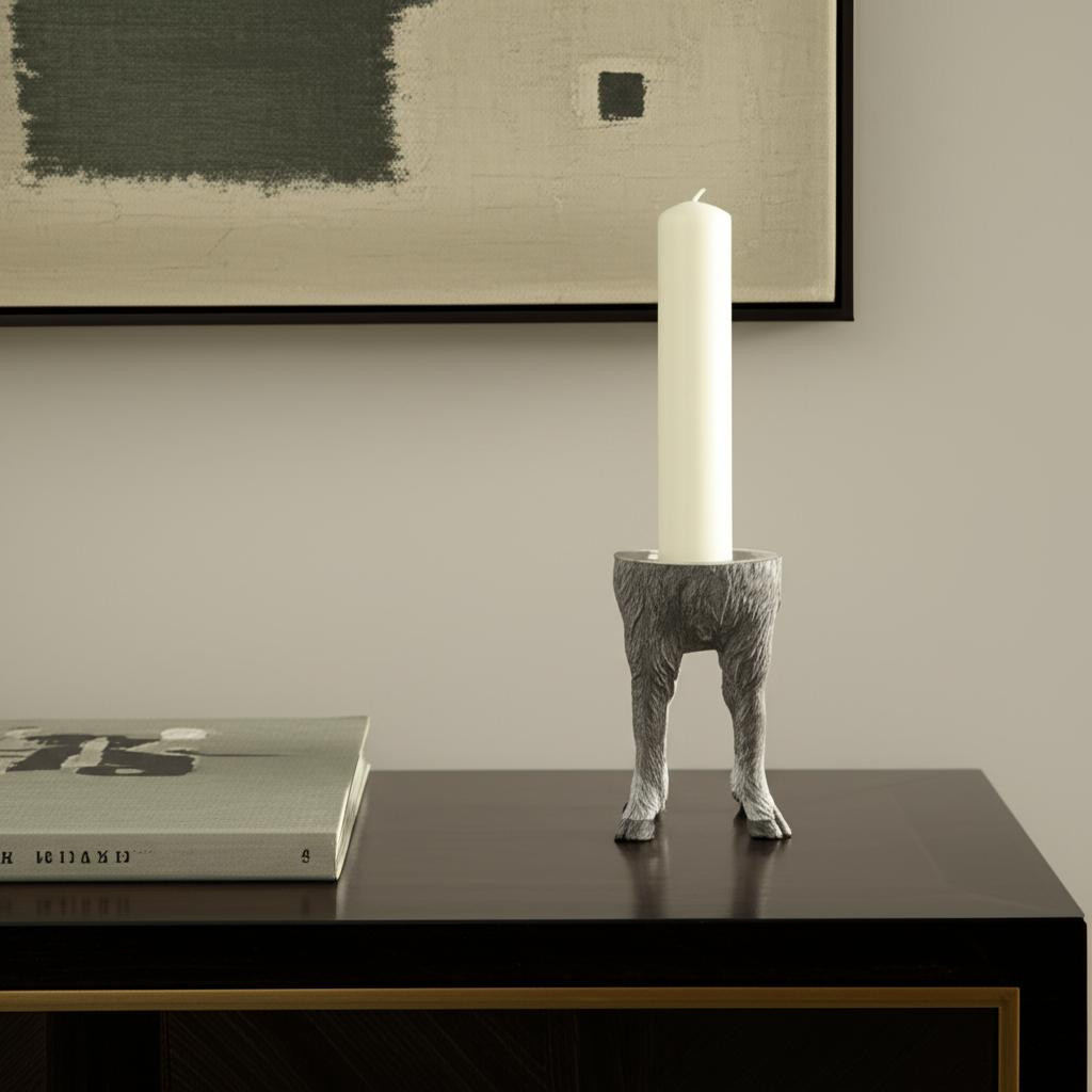 608522 9 in. Gray Distressed Abstract Ceramic Tabletop Pillar Candle Holder