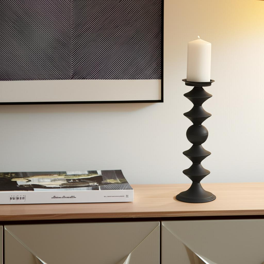 608404 16 in. Black Metal Tabletop Pillar Candle Holder