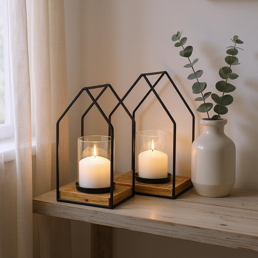608561 Black & Brown Distressed Geometric Metal Tabletop Lantern Candle Holder - Set of 2