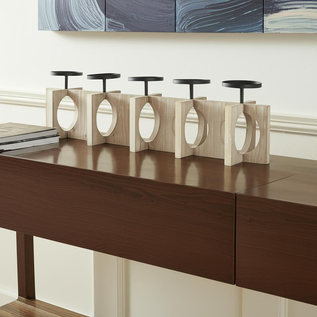 608566 9 in. Black Distressed Geometric Solid Wood & Metal Tabletop Pillar Candle Holder