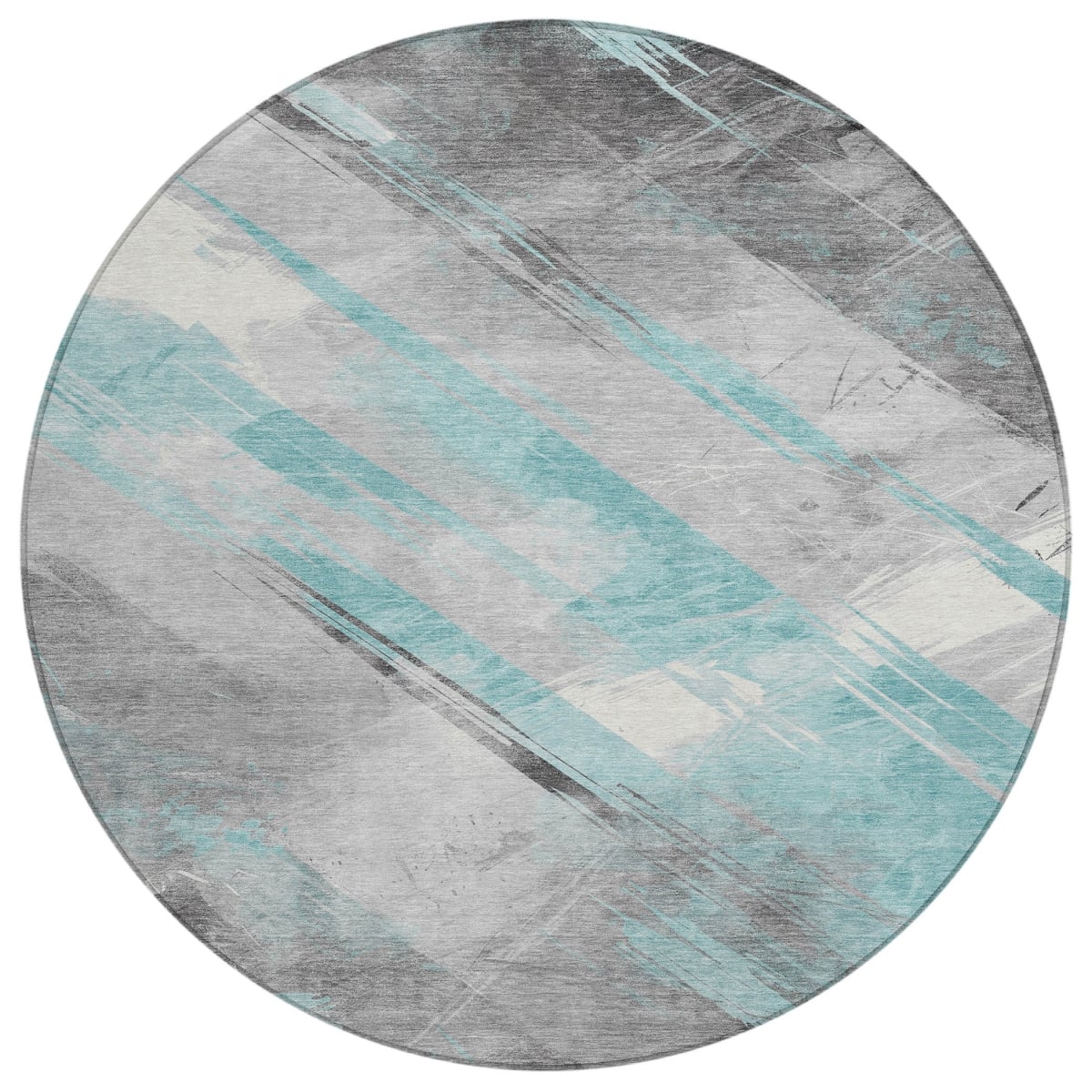 611431 8 ft. Teal, Blue & Gray Striped Washable Transitional Indoor & Outdoor Round Area Rug