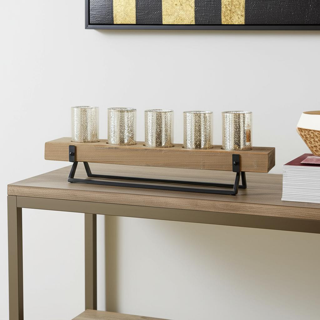 608555 7 in. Black & Brown Distressed Mirrored Solid Wood Metal & Glass Tabletop Votive Candle Holder