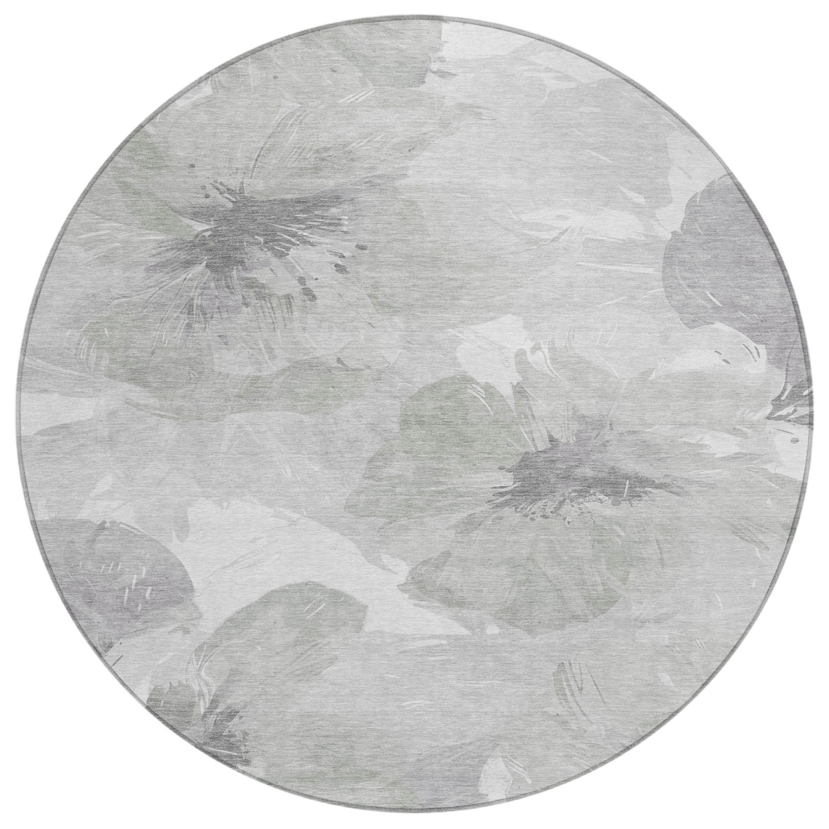 611527 8 ft. Ivory & Silver Floral Washable Transitional Indoor & Outdoor Round Area Rug