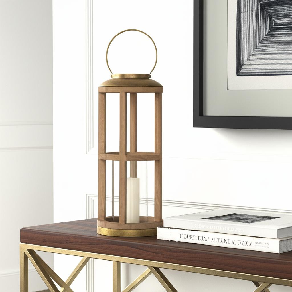 609333 26 in. Natural & Bronze Distressed Geometric Solid Wood & Metal Tabletop Lantern Candle Holder