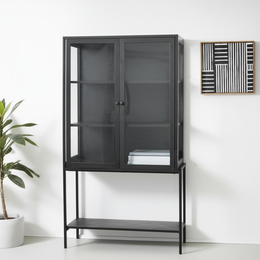 611034 63 x 36 x 18.75 in. Black Solid Wood & Metal Display Stand with 2 Doors
