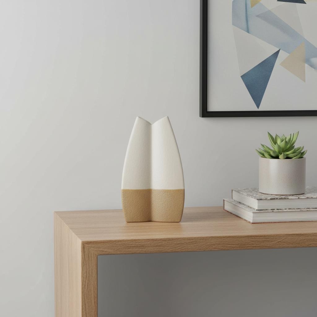 608372 16 in. Cream & Beige Color Block Ceramic Table Vase