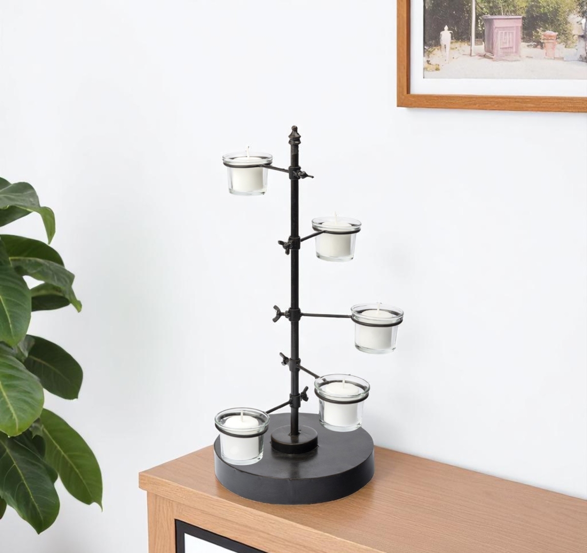 608399 17 in. Black Distressed Abstract Metal Tabletop Tealight Candle Holder