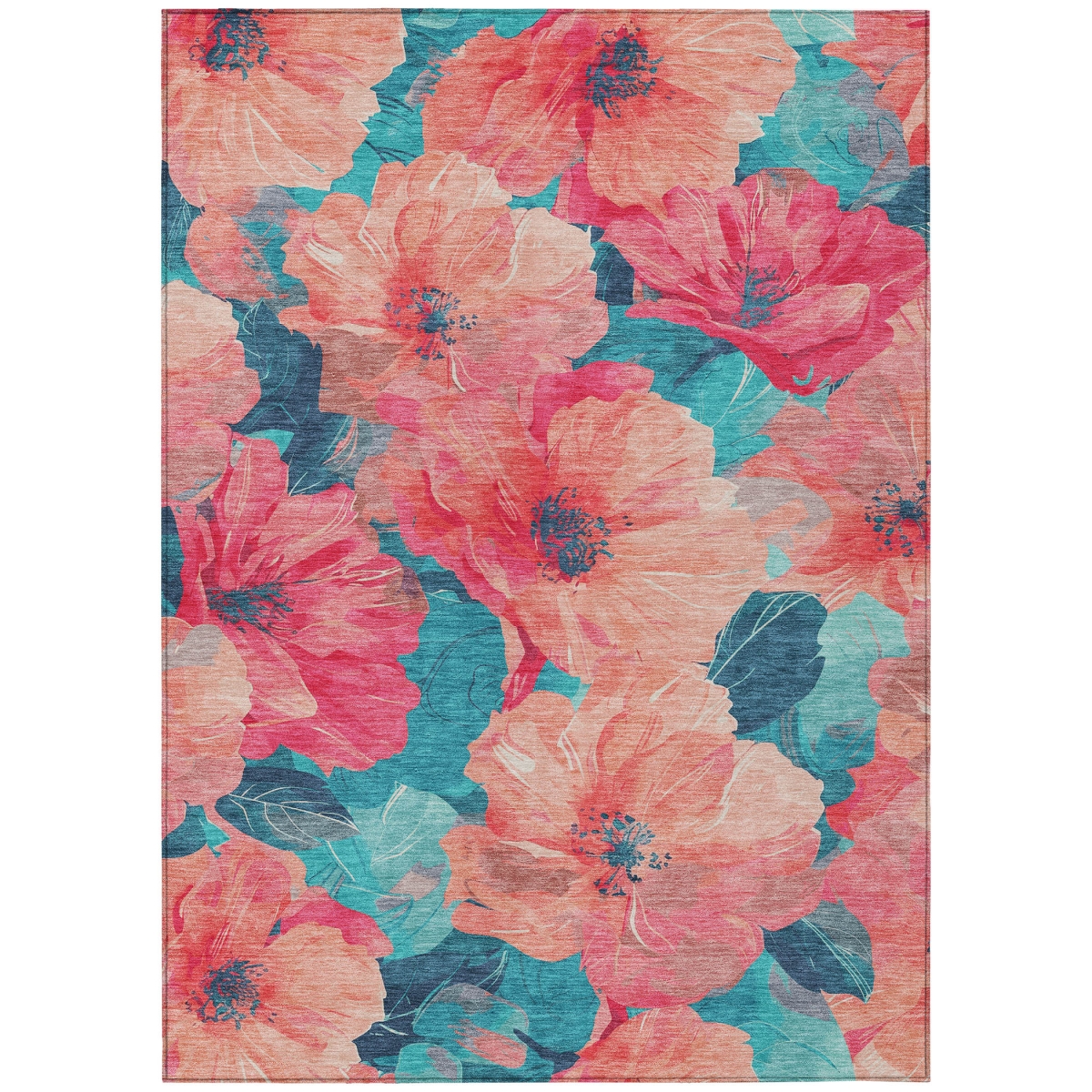 611476 10 x 14 ft. Salmon & Teal Blue Floral Washable Transitional Indoor & Outdoor Rectangle Area Rug