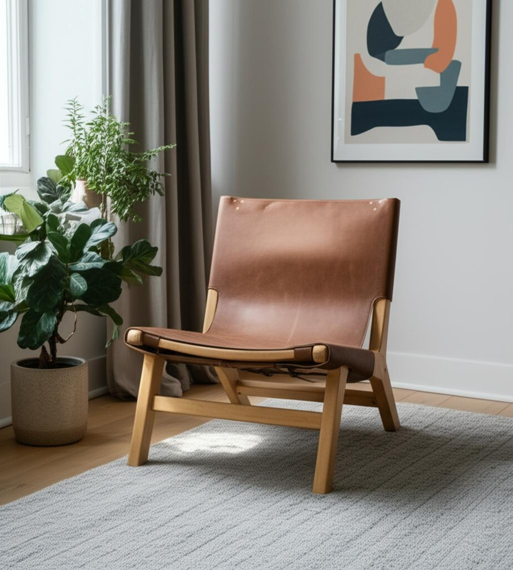606001 32 in. Brown & Natural Genuine Leather Solid Wood Slipper Chair