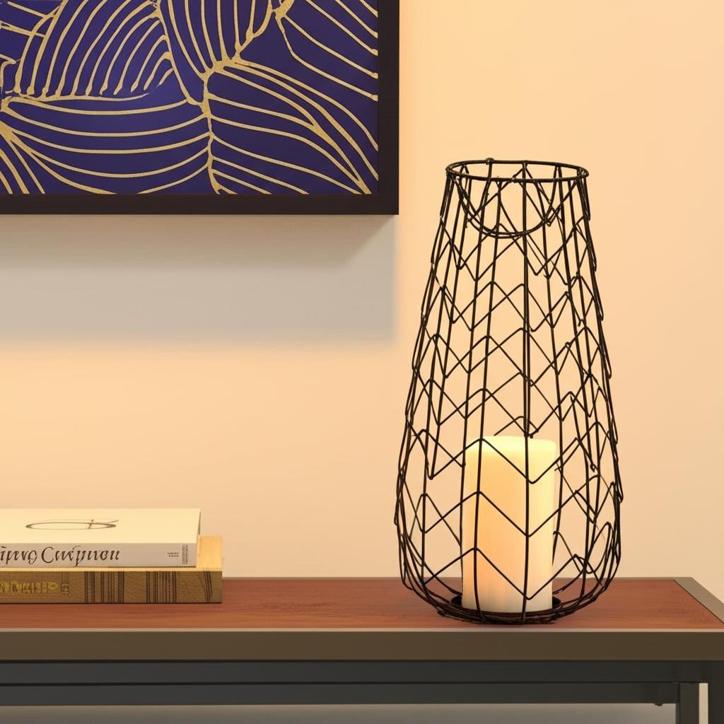 608521 16 in. Gold Distressed Lattice Metal Tabletop Lantern Candle Holder