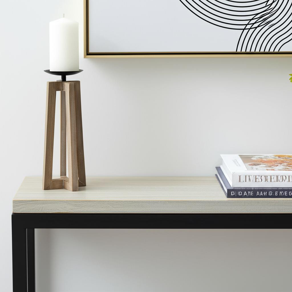 608524 12 in. Light Brown Distressed Geometric Solid Wood & Metal Tabletop Pillar Candle Holder