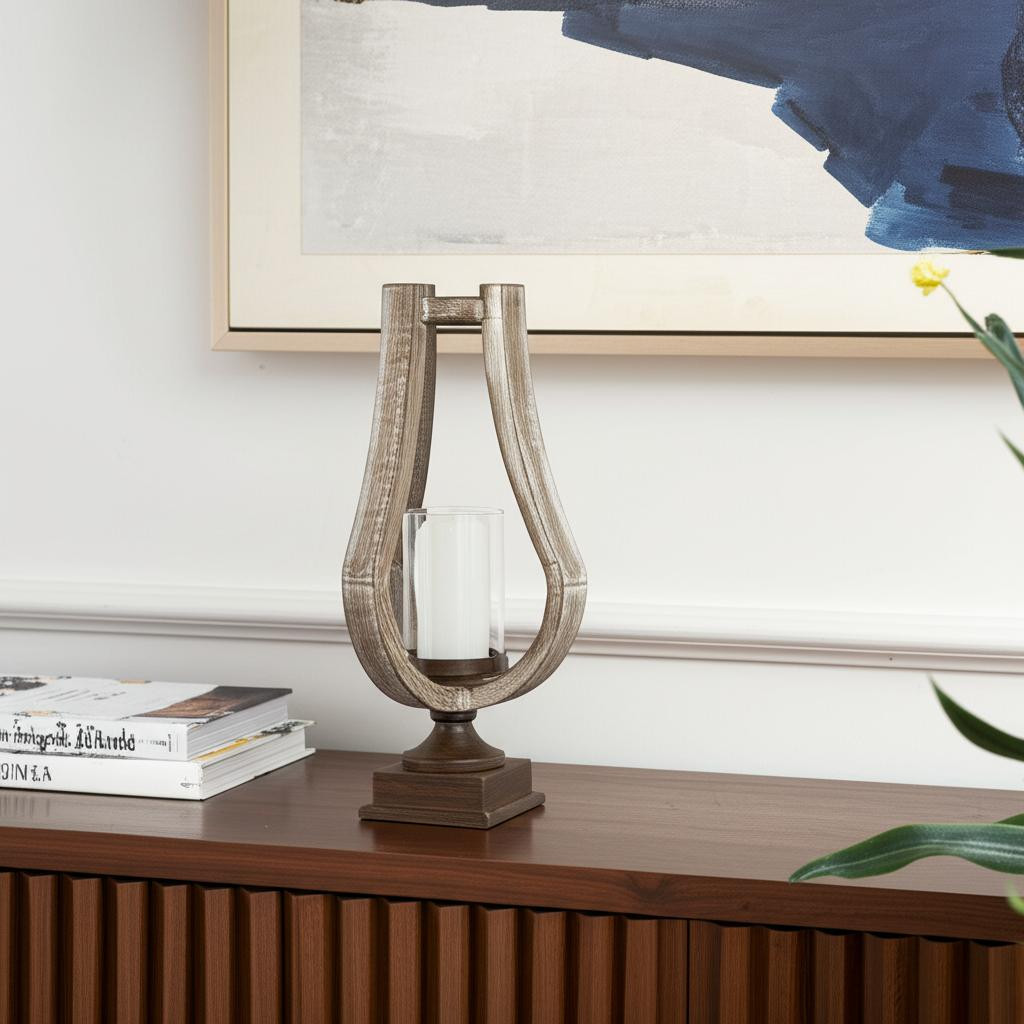 608556 17 in. Brown Distressed Geometric Solid Wood & Metal Tabletop Hurricane Candle Holder