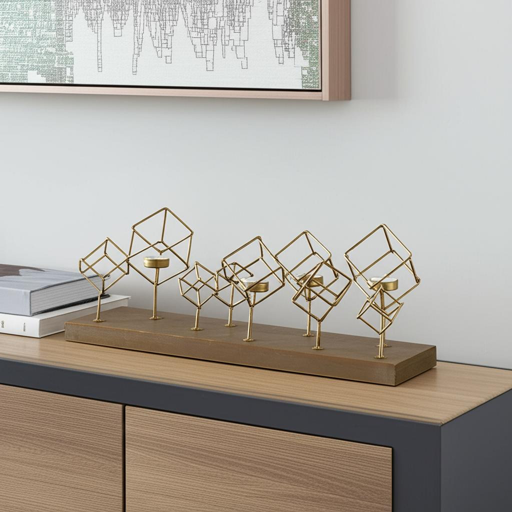 608385 8 in. Brass Distressed Geometric Metal Tabletop Tealight Candle Holder