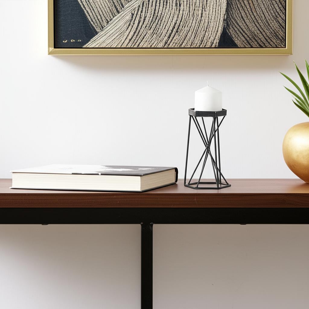 608391 8 in. Black Distressed Geometric Metal Tabletop Dish Candle Holder